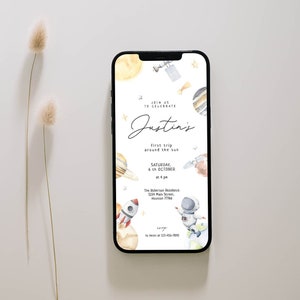 Space first birthday phone invitation, Space Birthday-E-Invite, First Trip around the Sun Electronic invite, Outer Space 1st birthday evite