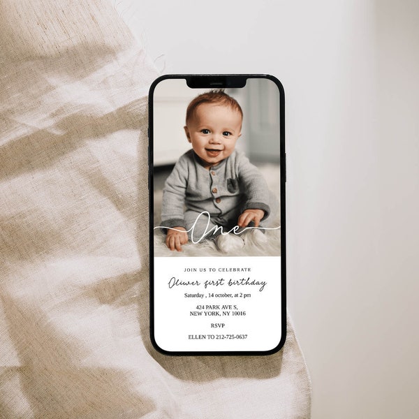 First Birthday Invitation with name and photo, 1 st Birthday phone digital Evite, One Birthday electronic Photo Invite, 1st Birthday Invite