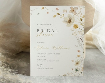 Wildflower Bridal Shower Invitation Template, Boho Wedding Shower Invite,Garden, beige Flower Bridal shower invite, Wildflowers Boho Shower