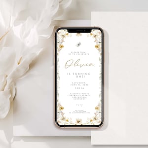 Wildflower 1st Birthday electronic Invitation Template, Wildflower smartphone evite, First Birthday Flowers Invitation, Boho Birthday evite
