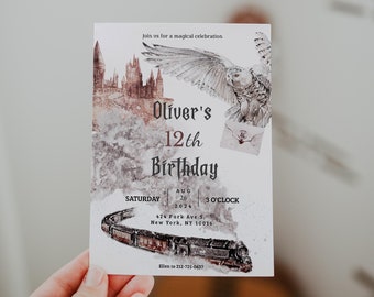 May include: A white invitation card with a watercolor illustration of a castle, an owl, and a train. The text on the card reads "Join us for a magical celebration Oliver's 12th Birthday Saturday Aug 26 2024 3 O'Clock 424 Park Ave S, New York, NY 10016 Ellen to 212-725-0637"
