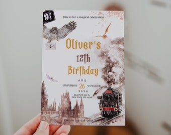 May include: A white invitation card with a watercolor illustration of a train, a castle, and an owl. The text on the card reads "Oliver's 12th Birthday, Saturday Aug 26 3 O'Clock 2024, 424 Park Ave S, New York, NY 10016, Call to 212-725-0637".