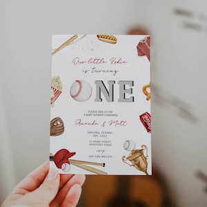 Baseball First Birthday Invitation, Baseball One Birthday invite, Baseball Theme 1st Birthday Party Invite, Our Little Rookie is Turning One