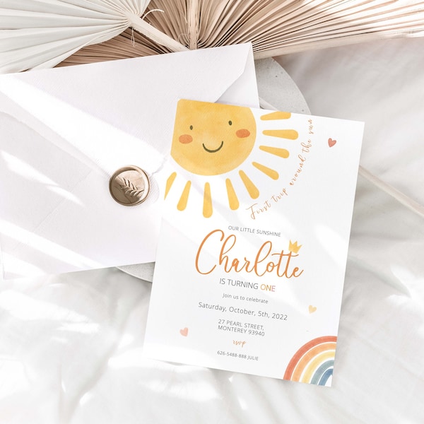 First trip around the sun Birthday Invitation, Editable Sunshine Birthday Invitation Template, Boho Sunshine 1st Birthday, Printable Invite