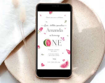 Watermelon electronic Invitation, Pink Watermelon Birthday phone Invite,  One in a Melon 1st Birthday Invite, Summer Birthday digital invite