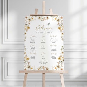 Affiche du 1 er anniversaire de fleurs sauvages modifiable, premier anniversaire de fleurs sauvages, affiche de première année de fleurs sauvages, panneau d'étape de bébé d'un an