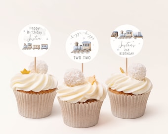 Chugga Chugga Two Two Cupcake Toppers, Train 2nd Birthday Cupcake, Choo Train Party Labels, Second Chugga Choo Two Cupcake Party Decorations