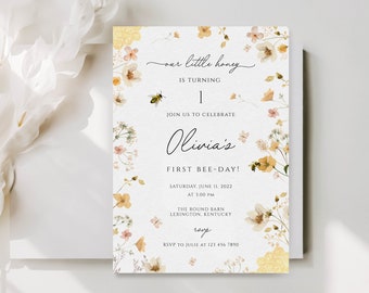 Bee Birthday Invitation, Bee First Birthday Invitation, 1st Bee Day Invitation, Honey Bee Birthday Invite, 1st Bee Day Invite, Bee Birthday