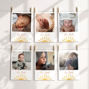 Sun Monthly Photo Banner, Sunshine Birthday Photo Banner, First trip around the sun Party Flags, Monthly Photo Cards Template, Sun Banner