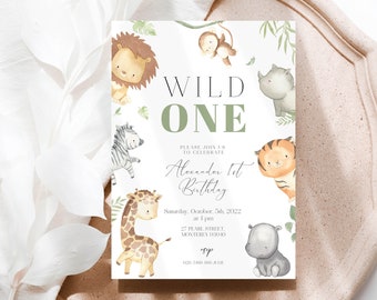 Wild One Birthday Invitation, Safari Animals Invite, Jungle Safari First Birthday, Wild One 1st Birthday invite, Jungle Animals birthday