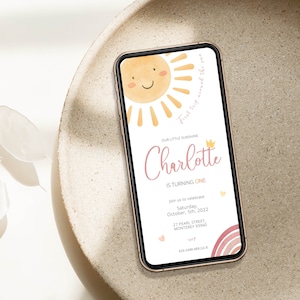 Sunshine Birthday Electronic Invitation, Sun Birthday Text Invitation, Editable Sun First Birthday Evite, Digital First Birthday pink Evite