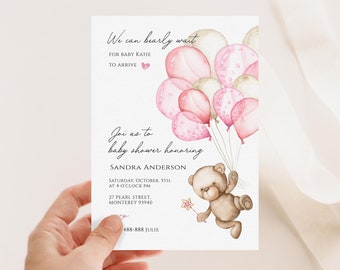 Teddy Bear Balloon Baby Shower editable Invitation, Girl Pink Teddy Bear Baby Shower invite, We Can Bearly Wait Shower Instant evite