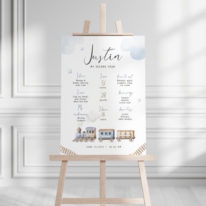 May include: A blue and white printable poster with a train theme. The poster is for a child's second birthday and includes the child's name, Justin, and details about their growth and development. The poster includes information about the child's height, weight, favorite foods, and favorite songs. The poster also includes a cute illustration of a train.