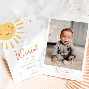 Invito di compleanno per il primo viaggio intorno al sole, invito fotografico Sunshine, modello per il primo compleanno con foto, invito fotografico Sunshine per il primo compleanno