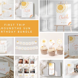May include: A printable birthday party bundle featuring a sun and rainbow theme. The bundle includes invitations, a welcome sign, cupcake toppers, a banner, photo booth props, and thank you cards. The text on the sign reads "Welcome Charlotte First Birthday".