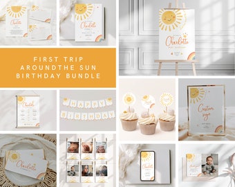 Sunshine Birthday Bundle Set, Sun Birthday Bundle, Our little sunshine bundle, first trip around the sun invitation, sunshine decoration