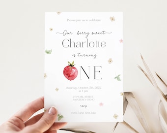 Strawberry turning one Invitation, Strawberry 1st Birthday Invite, Girl 1st Birthday Invitation, Strawberry Invitation, Berry 1st evite