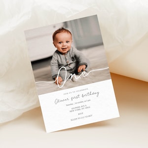 Photo First Birthday Invitation Template, First Birthday, 1st Birthday Photo Invite, Modern 1st Birthday Invite, Minimalist 1 Birthday evite