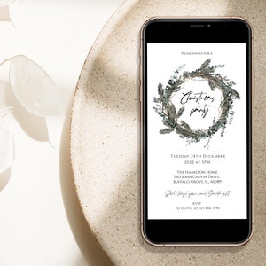 Wreath Christmas Party Invitation, Christmas Evite free Digital Christmas Holiday Party Invite, Text invite e-card free, xmas invite