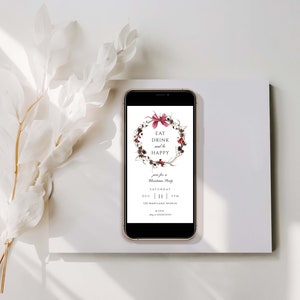 May include: A digital invitation for a Christmas party with a wreath illustration and the text "Eat Drink and be Happy". The invitation includes the date, time, and address for the party.
