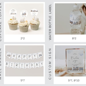 May include: A train-themed birthday party printable set with a banner, cupcake toppers, water bottle labels, and a custom sign. The banner says "Happy Birthday" and features a blue and white train with clouds. The cupcake toppers are round and feature a train with the text "Happy Birthday Justin" and "Two Two". The water bottle labels are rectangular and feature a train with the text "Justin is turning Two". The custom sign is a printable sign with the text "Custom Sign" and a train with the text "Sweet and Sugar".