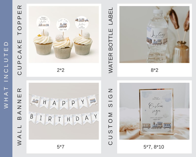 May include: A train-themed birthday party printable set with a banner, cupcake toppers, water bottle labels, and a custom sign. The banner says "Happy Birthday" and features a blue and white train with clouds. The cupcake toppers are round and feature a train with the text "Happy Birthday Justin" and "Two Two". The water bottle labels are rectangular and feature a train with the text "Justin is turning Two". The custom sign is a printable sign with the text "Custom Sign" and a train with the text "Sweet and Sugar".