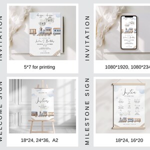 May include: A set of printable party decorations for a second birthday. The theme is a blue and white train with clouds. The set includes a 5x7 inch invitation, a welcome sign in 18x24, 24x36, and A2 sizes, and a milestone sign in 18x24 and 16x20 sizes. The invitation says "All aboard the two train".