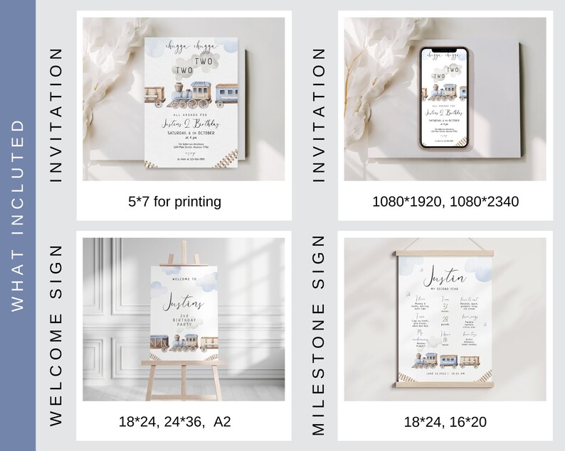 May include: A set of printable party decorations for a second birthday. The theme is a blue and white train with clouds. The set includes a 5x7 inch invitation, a welcome sign in 18x24, 24x36, and A2 sizes, and a milestone sign in 18x24 and 16x20 sizes. The invitation says "All aboard the two train".