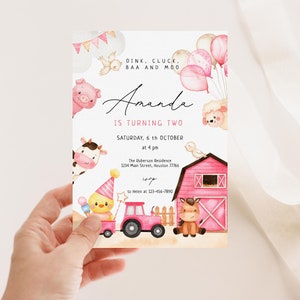 Farm first Birthday girl Invitation Template, Farm Animal Invitation, Farm Birthday invite, Barnyard Invite, Oink Moo Pink Farmyard Invite