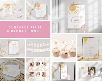 Sunshine Girl Birthday Bundle, Sun girl Birthday set, Our little sunshine bundle, first trip around the sun invitation, sunshine decoration