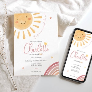 First trip around the sun Girl pink Birthday Invitation, Sunshine Girl Invitation, little Sunshine first Birthday, sun 1 birthday girl evite