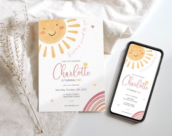 First trip around the sun Girl pink Birthday Invitation, Sunshine Girl Invitation, little Sunshine first Birthday, sun 1 birthday girl evite