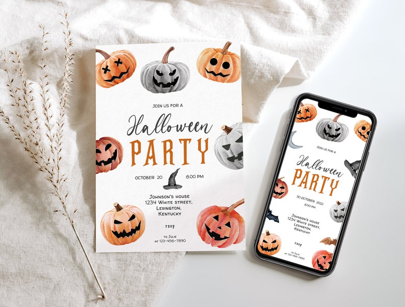 Op de afbeelding: Een uitnodiging voor een Halloween-feest met een aquarelontwerp met pompoenen met verschillende gezichtsuitdrukkingen. De uitnodiging bevat de tekst "Join us for a Halloween Party" en details over het evenement, inclusief de datum, tijd en locatie.