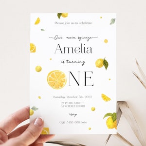 Notre carte principale Squeeze fête ses 1 an, invitation d'anniversaire citron principale, invitation 1er anniversaire agrumes, premier anniversaire de l'été