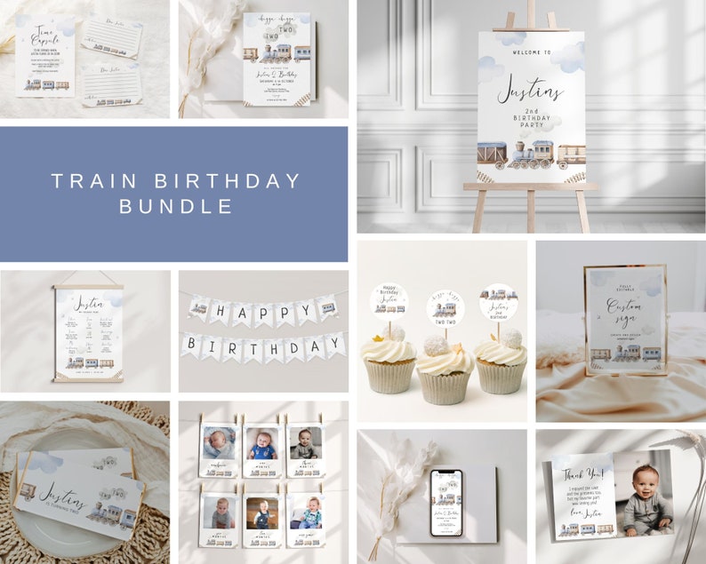 May include: A train-themed birthday party printable bundle with a blue and white color scheme. The bundle includes a welcome sign, cupcake toppers, a banner, photo cards, a time capsule, and thank you cards. The text on the welcome sign reads "Welcome to Justin's 2nd Birthday Party".