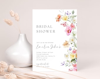 Plantilla de invitación para despedida de soltera con flores silvestres, invitación para despedida de soltera estilo bohemio, flores ruborizadas, flores silvestres para despedida de soltera, BLUSHBR1