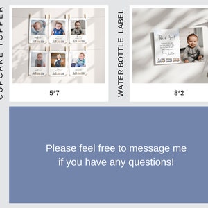 May include: A set of six 5x7 inch photo cards with a baby boy's monthly milestones. The cards are strung together with twine and clothespins. A thank you card with a train theme and a baby boy's photo is also included. The card measures 8x2 inches.