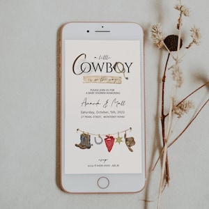 Faire-part sans papier pour baby shower de rodéo, invitation de baby shower de cow-boy, invitation de baby shower de rodéo pour des messagers, evite de baby shower