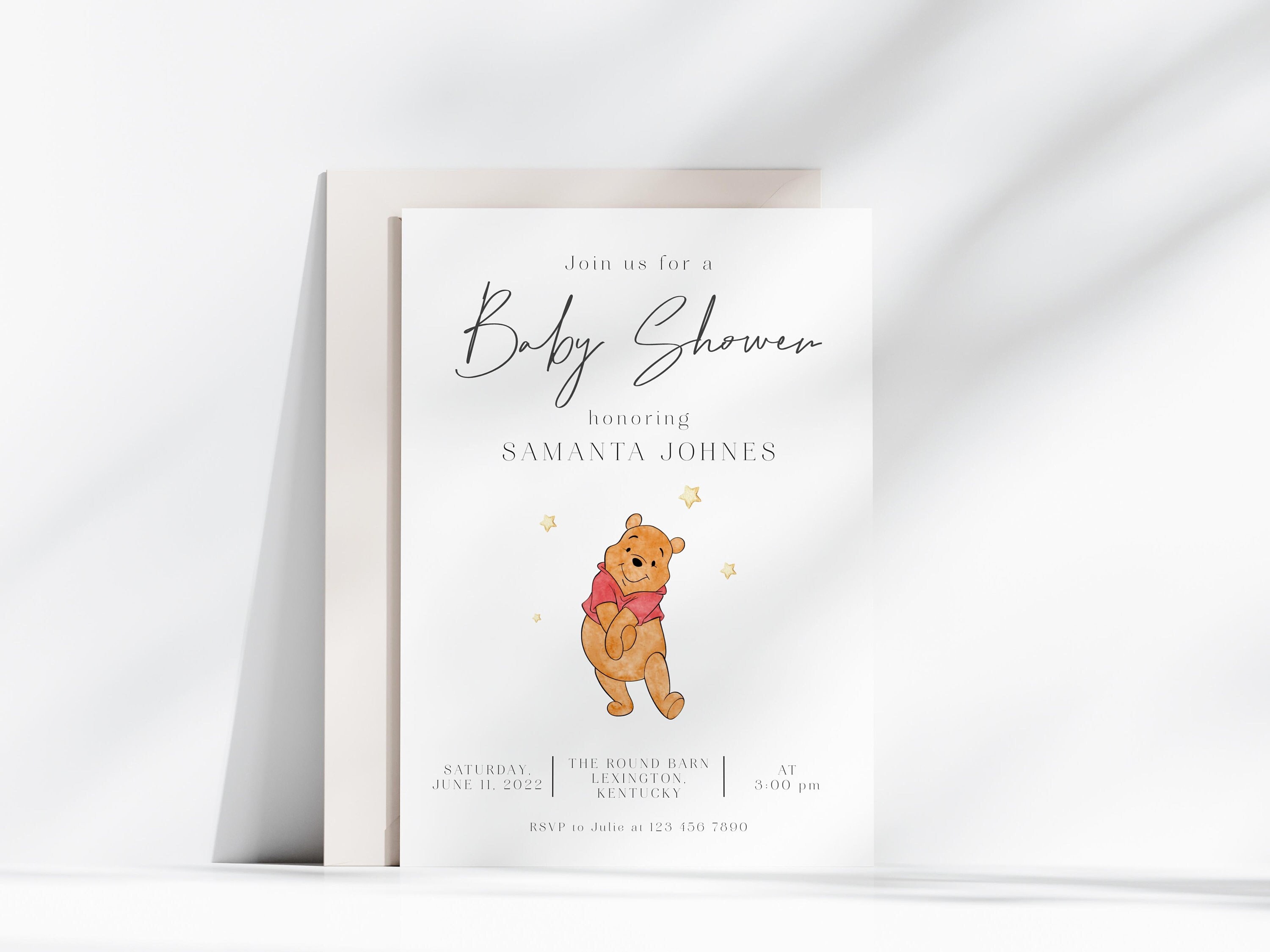 Winnie the Pooh Baby Shower Invitation, Winnie the Pooh Minimalist Baby