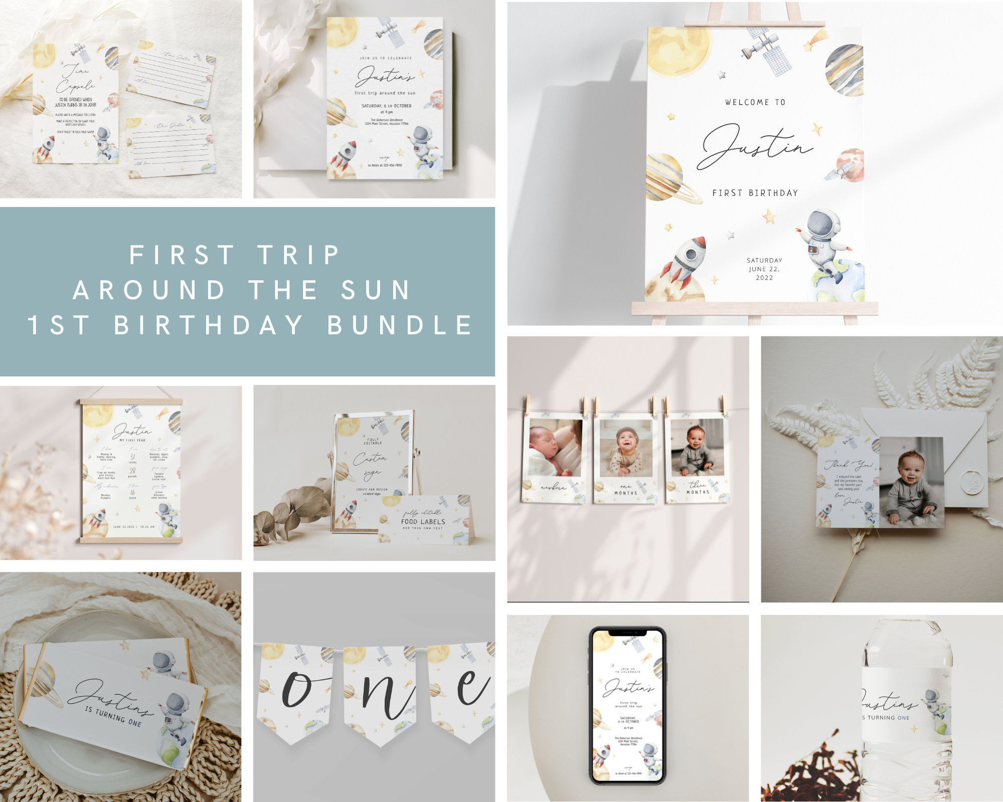 First trip around the sun Bundle, Space Birthday Invitation Bundle,Space Party 1st Birthday First Trip Around the Sun Galaxy Boy Astronaut