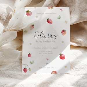 Berry First Birthday Invitation, Strawberry 1st Birthday Invite, Girl 1st Birthday Invitation, Modern Strawberry Invitation, Berry 1st evite