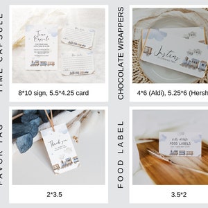 May include: A set of printable train-themed party decorations, including a sign, favor tags, food labels, and chocolate bar wrappers. The decorations feature a blue and white color scheme with a watercolor effect. The sign measures 8 by 10 inches, the favor tags are 2 by 3.5 inches, the food labels are 3.5 by 2 inches, and the chocolate bar wrappers are 4 by 6 inches or 5.25 by 6 inches.