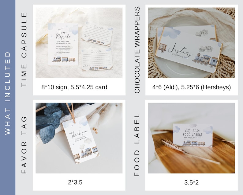 May include: A set of printable train-themed party decorations, including a sign, favor tags, food labels, and chocolate bar wrappers. The decorations feature a blue and white color scheme with a watercolor effect. The sign measures 8 by 10 inches, the favor tags are 2 by 3.5 inches, the food labels are 3.5 by 2 inches, and the chocolate bar wrappers are 4 by 6 inches or 5.25 by 6 inches.