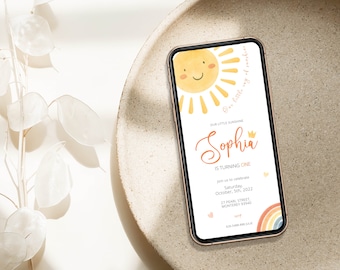 Sunshine Birthday electronic Invitation, Sun Birthday phone Invitation, Little Ray of Sunshine, First Birthday Evite, Sun 1 Birthday Evite