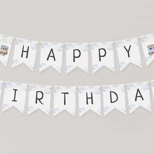 May include: A white banner with blue watercolor clouds and the words "Happy Birthday" in black. The banner has a train and a train car on each end.