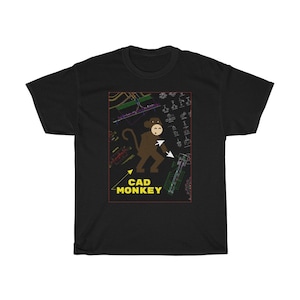 May include: Black t-shirt featuring a graphic of a monkey standing on a blueprint with the text "CAD MONKEY" in yellow.