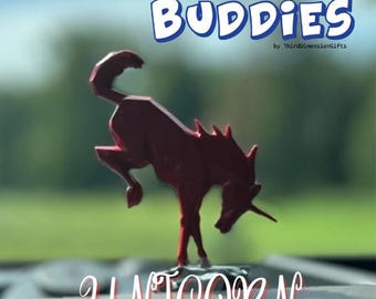 May include: A dark red, faceted, geometric figurine of a bucking horse with a single horn on its head. The text BRONCO BUDDIES by ThirdDimensionGifts appears at the top, and the word UNICORN is written in a white script font at the bottom.