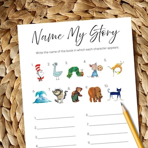 Pode incluir: Uma folha de atividades branca intitulada Name My Story com dez ilustrações numeradas de personagens de livros infantis, incluindo um gato de chapéu, um pombo, uma lagarta, um rato, uma girafa, um peixe, um monstro e um urso.