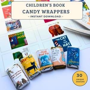 May include: A collection of candy wrappers featuring illustrations and titles from various children's books, including Frog and Toad Are Friends, Pete the Cat, The Pout-Pout Fish, Don't Let the Pigeon Drive the Bus, and The Rainbow Fish, with a sheet of designs.