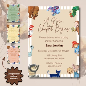 May include: A baby shower invitation card featuring the text A New Chapter Begins, honoring Sara Jenkins on Saturday, October 5th at 4:00pm. The design includes illustrations of a brown bear, a colorful fish, a caterpillar, and other storybook characters.
